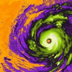 Imagen satelital en falso color del supertifón Champi, con un ojo circular verde y amarillo rodeado de bandas nubosas púrpuras y anaranjadas.