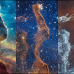 Tres imágenes de la nebulosa Cabeza de Gato: vista de Hubble en luz visible y dos observaciones infrarrojas del telescopio Webb.