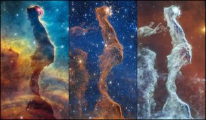 Tres imágenes de la nebulosa Cabeza de Gato: vista de Hubble en luz visible y dos observaciones infrarrojas del telescopio Webb.