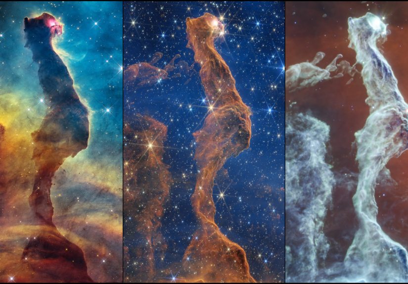 Tres imágenes de la nebulosa Cabeza de Gato: vista de Hubble en luz visible y dos observaciones infrarrojas del telescopio Webb.