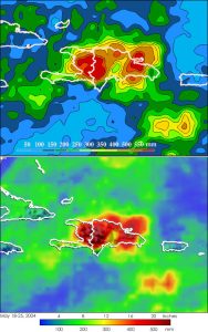 Mapa histórico satelital de acumulación de lluvia en La Española del 18 al 25 de mayo de 2004; no representa las lluvias de octubre de 2026