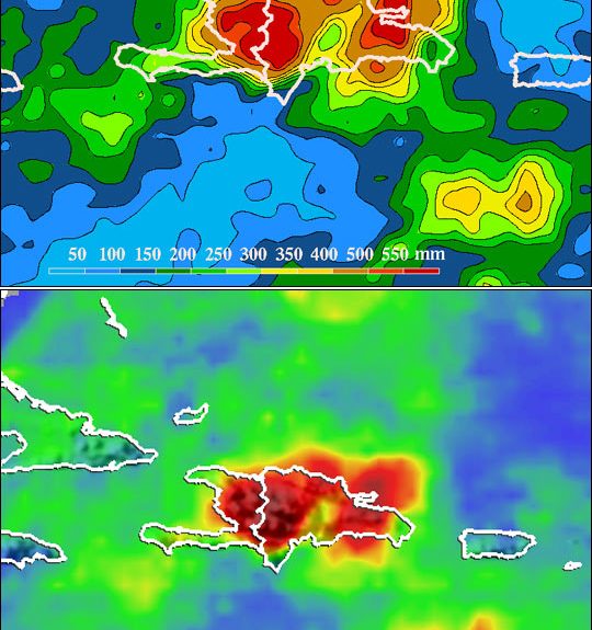Mapa histórico satelital de acumulación de lluvia en La Española del 18 al 25 de mayo de 2004; no representa las lluvias de octubre de 2026