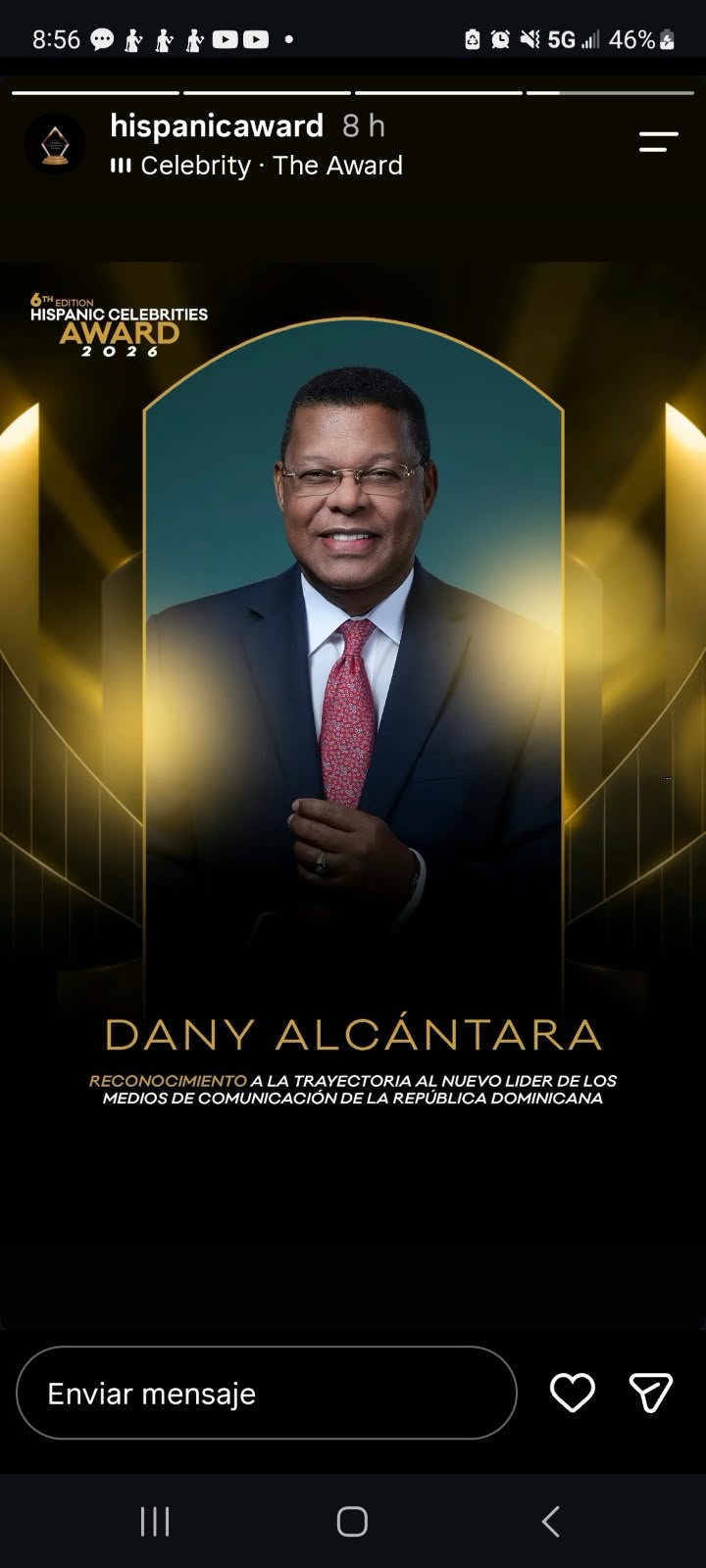 Anuncio del reconocimiento a Dany Alcántara en los Hispanic Celebrities Awards 2026