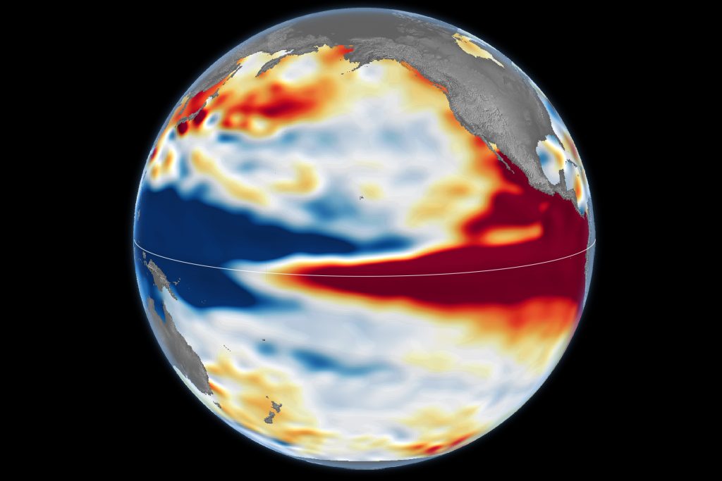 Mapa satelital de anomalías del nivel del mar en el Pacífico ecuatorial en octubre de 2026, elaborado por NASA Earth Observatory