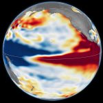 Mapa satelital de anomalías del nivel del mar en el Pacífico ecuatorial en octubre de 2026, elaborado por NASA Earth Observatory