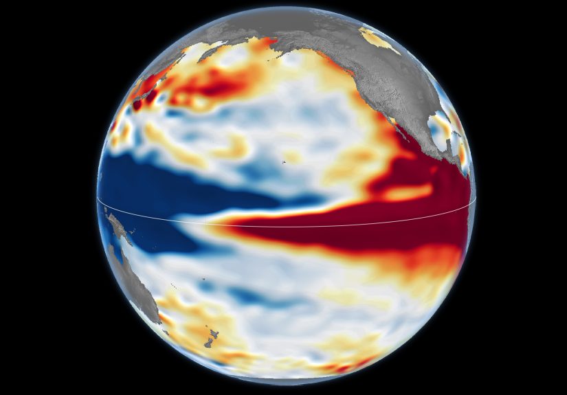 Mapa satelital de anomalías del nivel del mar en el Pacífico ecuatorial en octubre de 2026, elaborado por NASA Earth Observatory