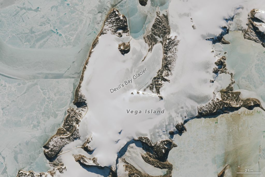 Vista satelital de la isla Vega, Antártida, captada por Landsat 9 el 10 de octubre de 2026; hielo, rocas y morrenas forman una silueta semejante a un cráneo.