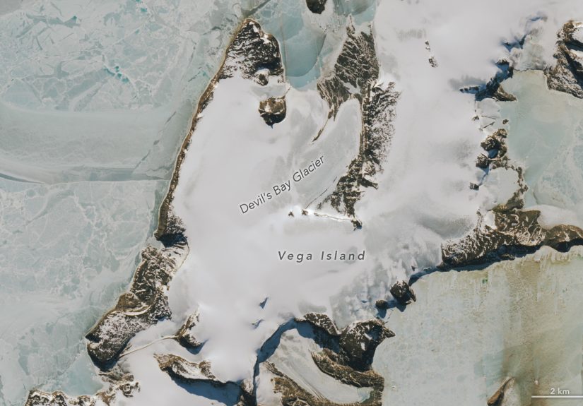 Vista satelital de la isla Vega, Antártida, captada por Landsat 9 el 10 de octubre de 2026; hielo, rocas y morrenas forman una silueta semejante a un cráneo.